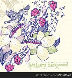 vector illustration of blooming magnolia, red berries and an abstract bird