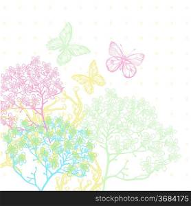 vector illustration of blooming plants and colorful butterflies