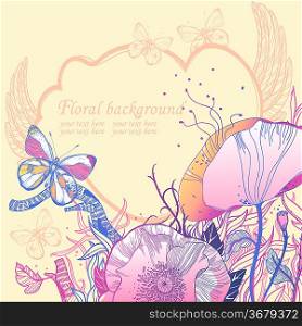 vector illustration of blooming popies and colorful butterflies