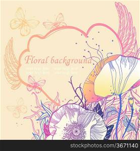 vector illustration of blooming poppies and flying butterflies
