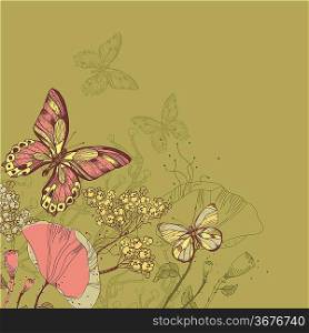 vector illustration of blooming summer flowers and colorful butterflies