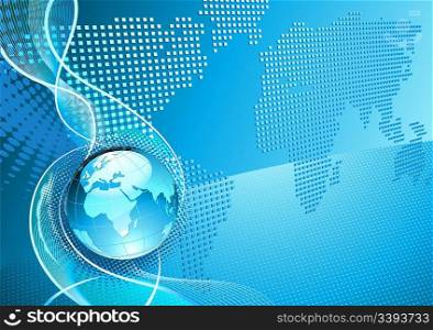 Vector illustration of blue abstract Background with Glossy Globe and Word Map of Earth