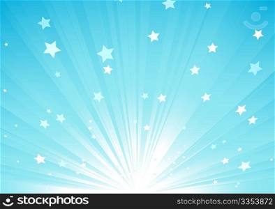 Vector illustration of blue Abstract background with light rays and burst of stars