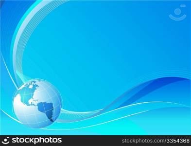 Vector illustration of blue abstract lines background - composition of curved lines and globe