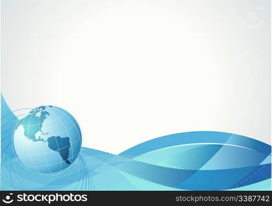 Vector illustration of blue abstract lines background - composition of curved lines and globe