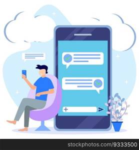 Vector illustration of blue background of communication via the Internet, social networks, chat, news, messages, websites, find friends, mobile web graphics.
