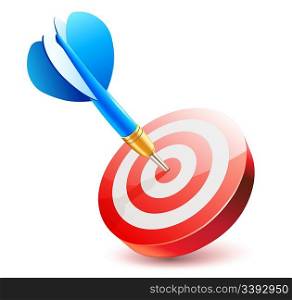Vector illustration of blue dart hitting in the center of the target dartboard