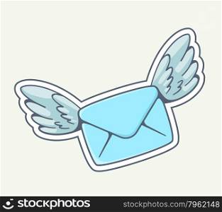 Vector illustration of blue envelope with wings flying on gray background. Hand draw line art design for web, site, advertising, banner, poster, board and print.