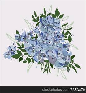 Vector illustration of blue flowers with leaves on light background.