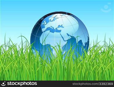 Vector illustration of blue Glossy Earth Map Globe on the green grass