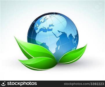 Vector illustration of blue Glossy Earth Map Globe with funky green leaves