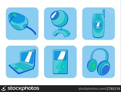Vector illustration of blue glossy technological gadgets icons
