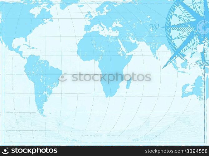 Vector illustration of blue grunge background with Vintage word map and retro compass