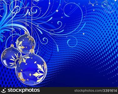 Vector illustration of blue Holiday card with christmas balls on floral Decorative background