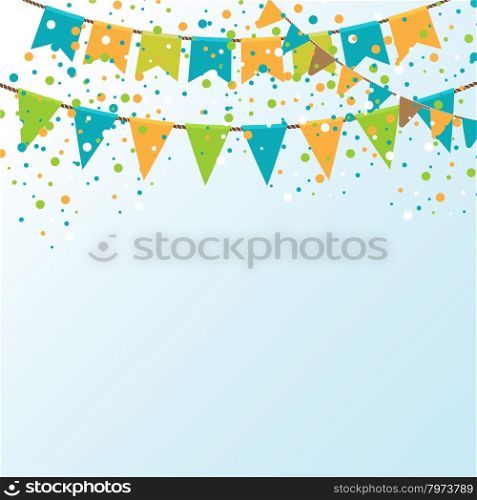 Vector illustration of Blue sky with colorful flags. Vector illustration of Blue sky with colorful flags garlands. Holiday background with place for text.