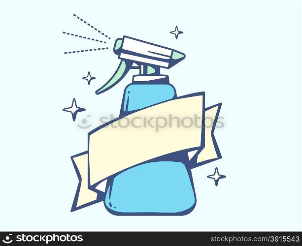 Vector illustration of blue spray pistol with ribbon on light background. Colorful line art design for web, site, advertising, banner, poster, board, poster and print.
