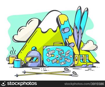 Vector illustration of blue suitcase and winter travel accessories on green background. Hand draw line art design for web, site, advertising, banner, poster, board and print.