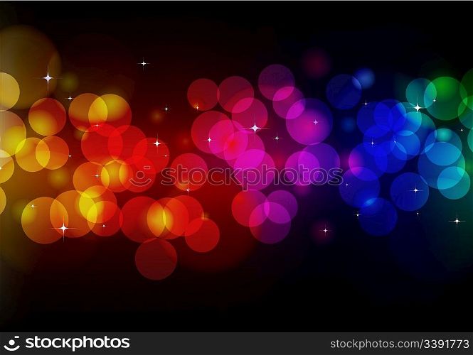 Vector illustration of blurred neon disco light dots pattern on black background