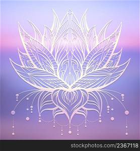 Vector illustration of boho lotus with ornate decoration on lilac tender blur ocean sunset background. Water flower with tribal ornament on sunrise. Contour lily in tranquility. Natural sacred symbol. Vector illustration of boho lotus with ornate decoration on lilac tender blur ocean sunset background. Water flower with tribal ornament on sunrise.