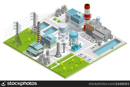 Vector illustration of boiler factory for production of thermal and electrical energy with power line supports isometric concept . Vector Illustration Of Boiler Factory