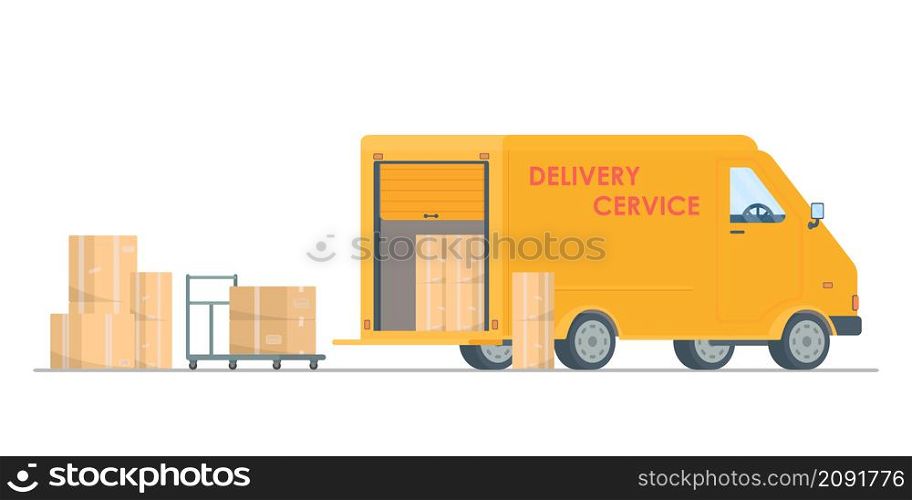 Vector illustration of boxes,drawing of delivery express.Delivery truck vector flat illustration. Fast delivery concept. Post service.. Vector illustration of boxes,drawing of delivery express