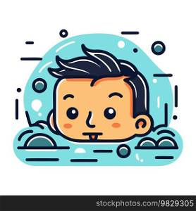 Vector illustration of boy face in swimming pool. Flat line style design.