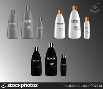 Vector illustration of Brand Cosmetic bottle mock up set packages with different lids isolated on white background.. Vector illustration Brand Cosmetic bottle mockup