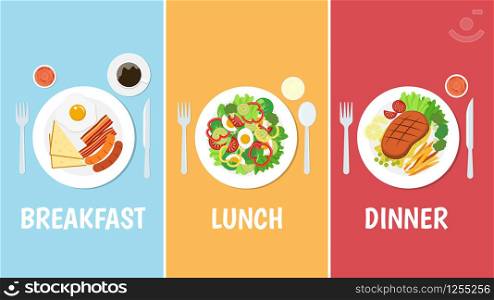 Vector illustration of breakfast lunch and dinner set on colorful background