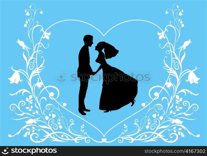 Vector illustration of bride and groom on the elegant background decorated with heart shape and flowers. Ideal for wedding invitation.