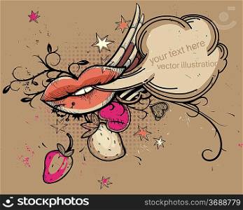 vector illustration of bright lips and berries in vintage style
