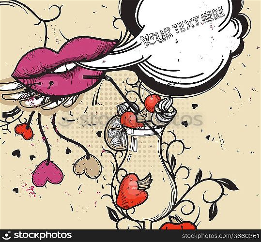 vector illustration of bright lips and yummy strawberries in a vintage style