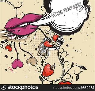 vector illustration of bright lips and yummy strawberries in a vintage style