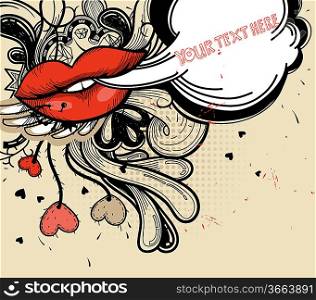 vector illustration of bright red lips and abstract doddles in a vintage style