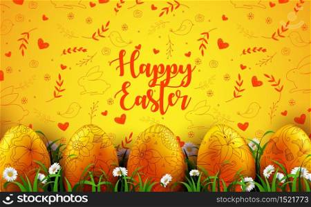 Vector illustration of Bright yellow background with realistic eggs and daisy flowers in the grass