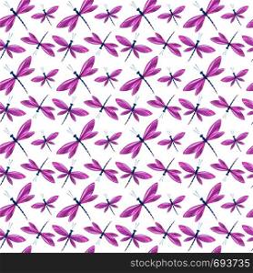 Vector illustration of brightly colored dragonfly in background flight. Seamless pattern. Dragonflies in flight