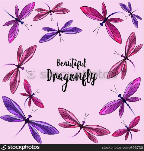 Vector illustration of brightly colored dragonfly in flight background. Dragonflies in flight