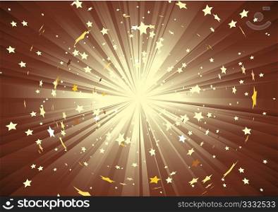 Vector illustration of brown background with light rays and burst of stars