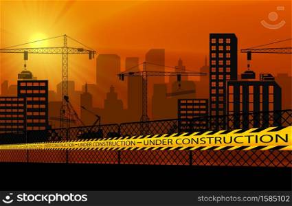 Vector illustration of Buildings with cranes and under construction caution barrier tapes