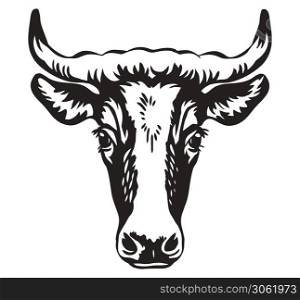 Vector illustration of bull head icon in black color isolated on white. Engraving template image of cow. Design element for poster, t shirt, emblem, logo, sign.. Isolated contour portrait of bull in profile