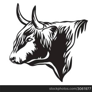 Vector illustration of bull head icon in black color isolated on white. Engraving template image of Highland cattle. Design template element for poster, t shirt, emblem, logo, sign.. Abstract vector portrait of bull in profile