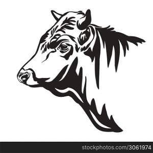 Vector illustration of bull head in black color isolated on white background. Engraving template image of cow. Design element icon for poster, t shirt, emblem, logo, sign.. Vector contour portrait of bull in profile
