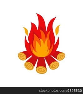 Vector illustration of burning bonfire with wood on white. Vector illustration of burning bonfire with wood on white background, flat icon of fire.