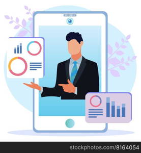 Vector illustration of business concept, business man studying infographics, economic growth analysis, network promotion, looking for new solution ideas, company economic growth, company revenue.
