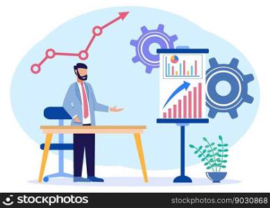 Vector illustration of business concept, business man studying infographics, economic growth analysis, network promotion, looking for new solution ideas, company economic growth, company revenue.