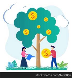Vector illustration of business concept, business people engaged in teamwork, career growth towards success, flat color icons, business analysis, cash profit, money tree, investment.