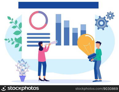Vector illustration of business concept, business people studying infographics, economic growth analysis, network promotion, looking for new solution ideas, company economic growth, company revenue.