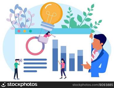 Vector illustration of business concept, business people studying infographics, economic growth analysis, network promotion, looking for new solution ideas, company economic growth, company revenue.