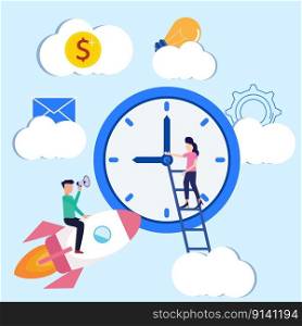 Vector illustration of business concept, business people with clock on white background, express service, time management concept, quick reaction.