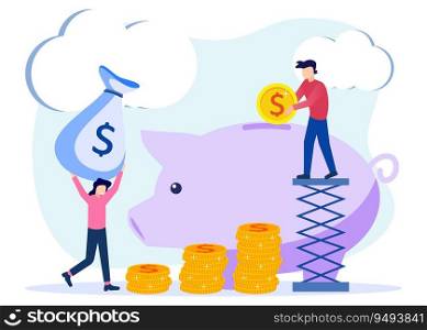 Vector illustration of business concept, capital investment businessman, career growth towards success, flat color icon, business analysis, cash profit, piggy bank, investment.