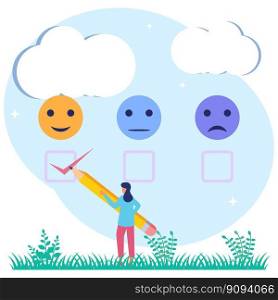 Vector illustration of business concept.Client satisfaction survey as customer feedback. Experience the opinion of the consumer as a choice for a service or product. Performance appraisal scale.